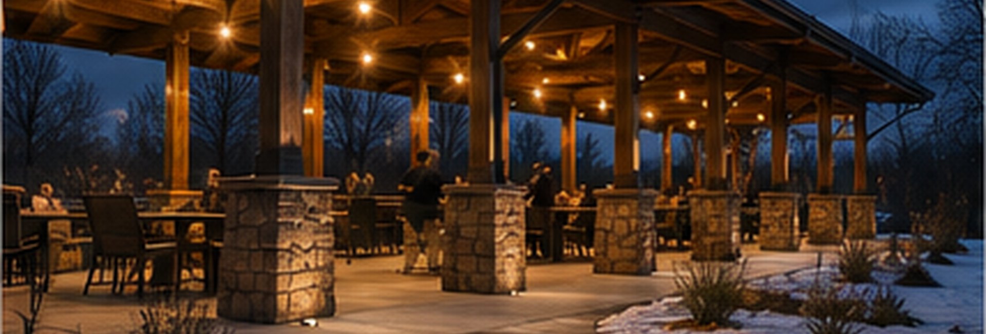 Heated 5-stand shooting pavilion at dusk