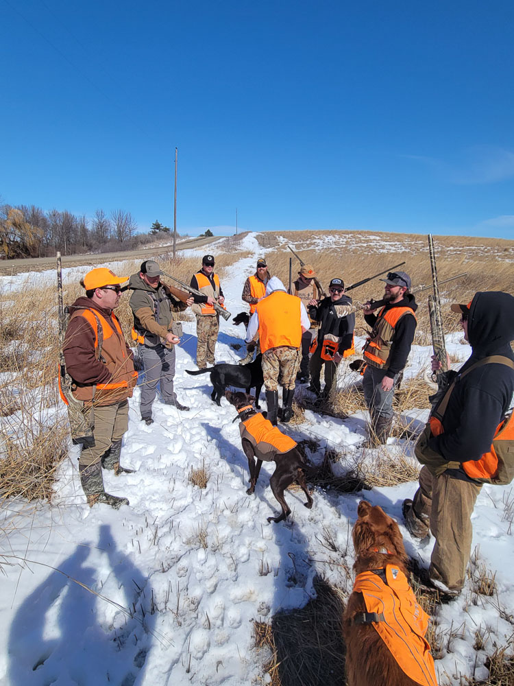 Guides and dogs working a winter hunt