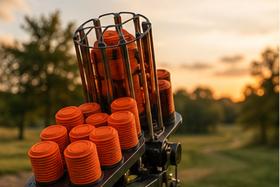 Clay target thrower loaded with clays
