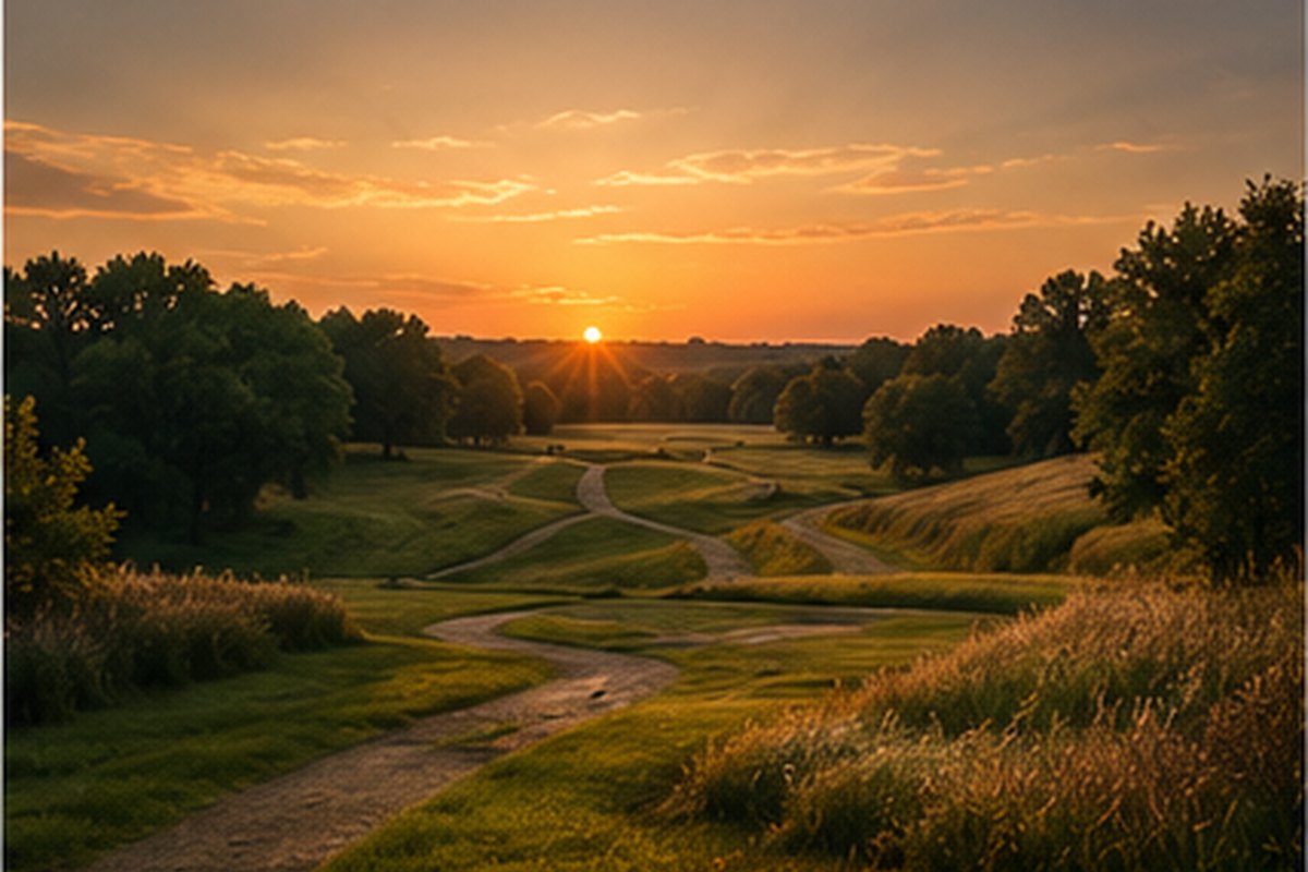 Golf course fairway at sunset