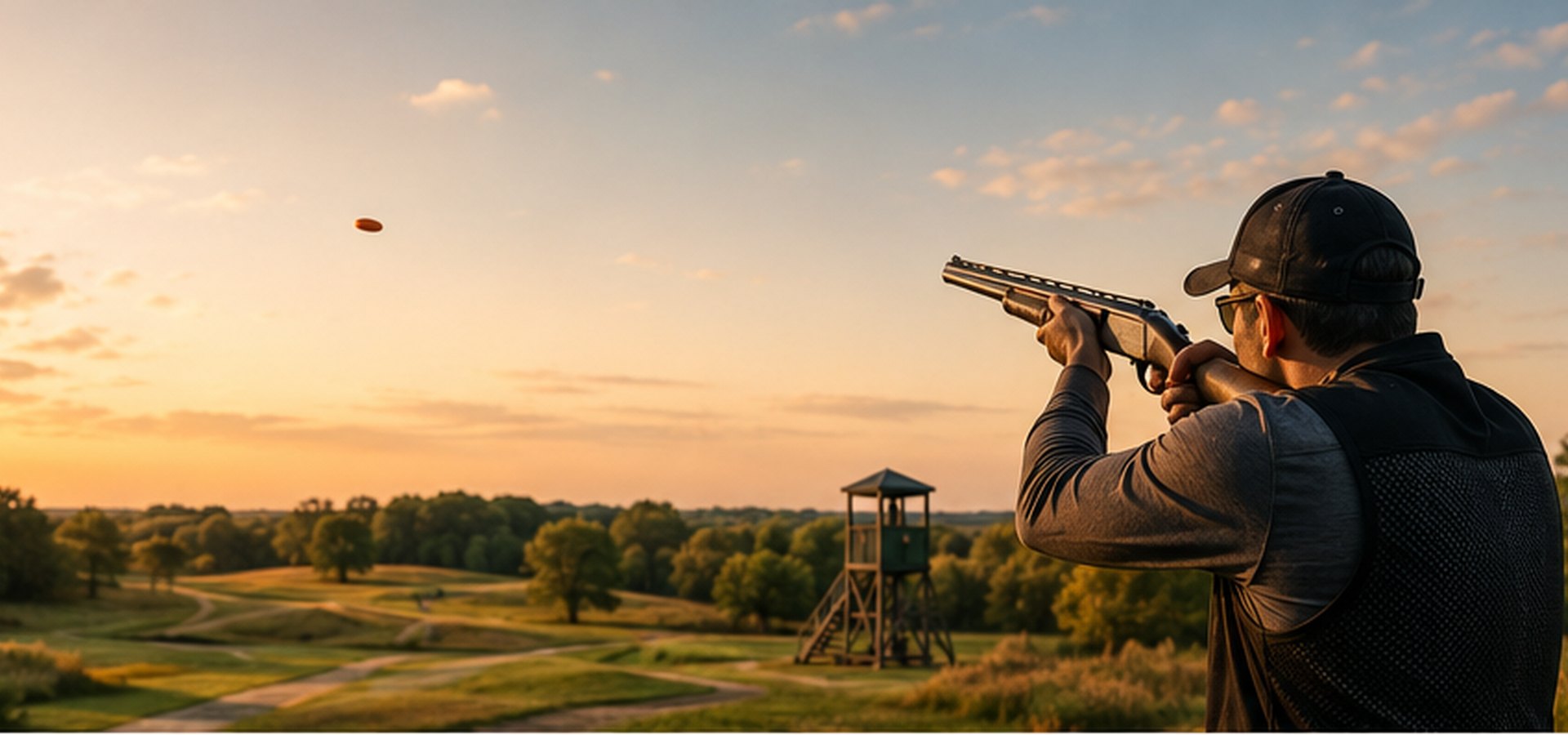 Shooter aiming at a clay target at sunset